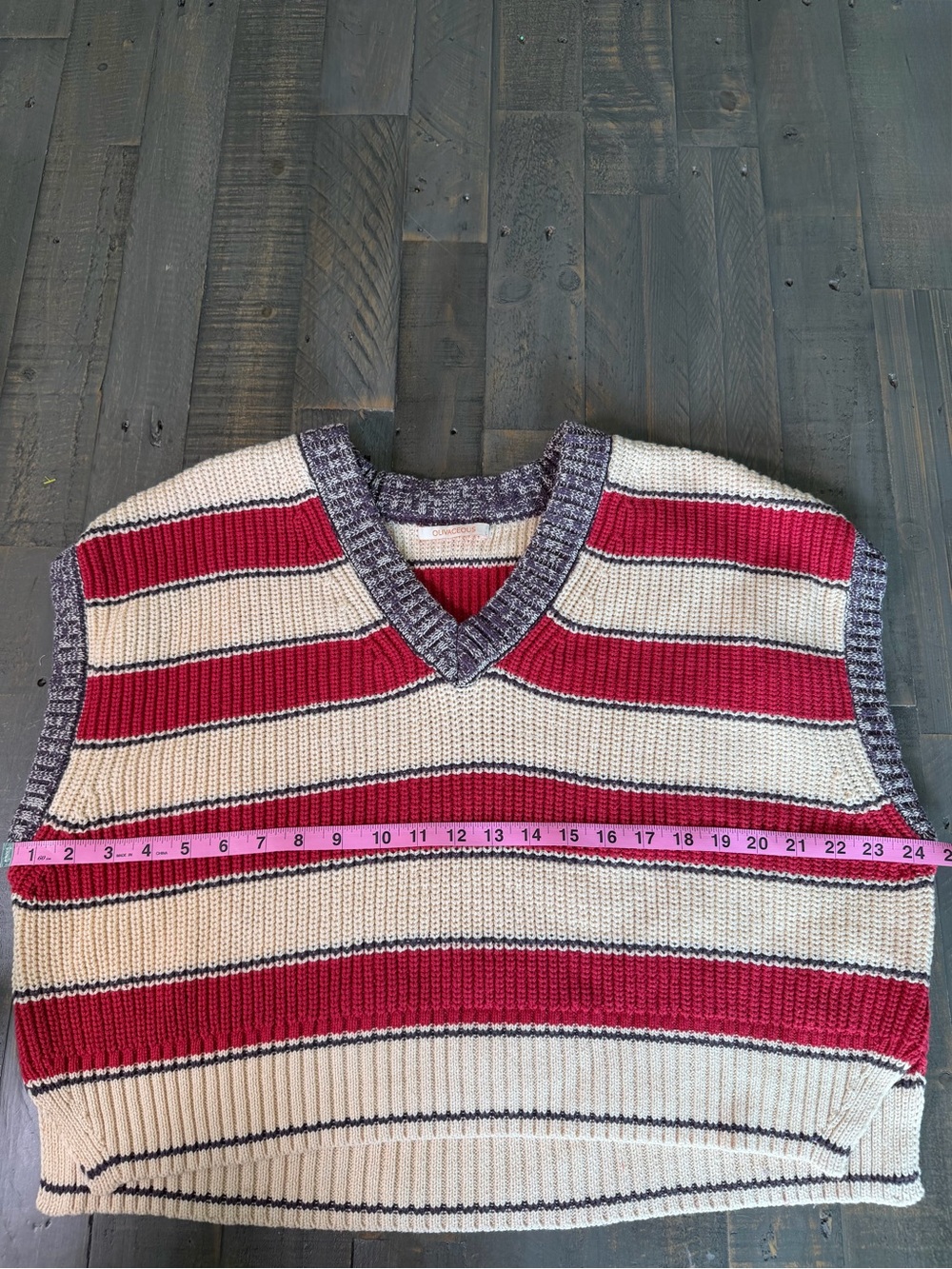 OLIVACEOUS Chunky Knit Striped Crop Vest, Preppy V-Neck, Red/Beige, L - Picture 8 of 8